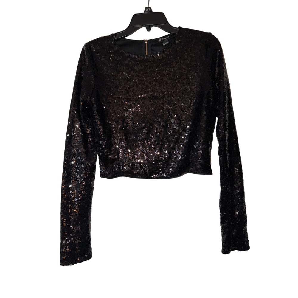 Revamped Black Sequin Long Sleeve Crop Top‎ Exposed Back Zipper Women L